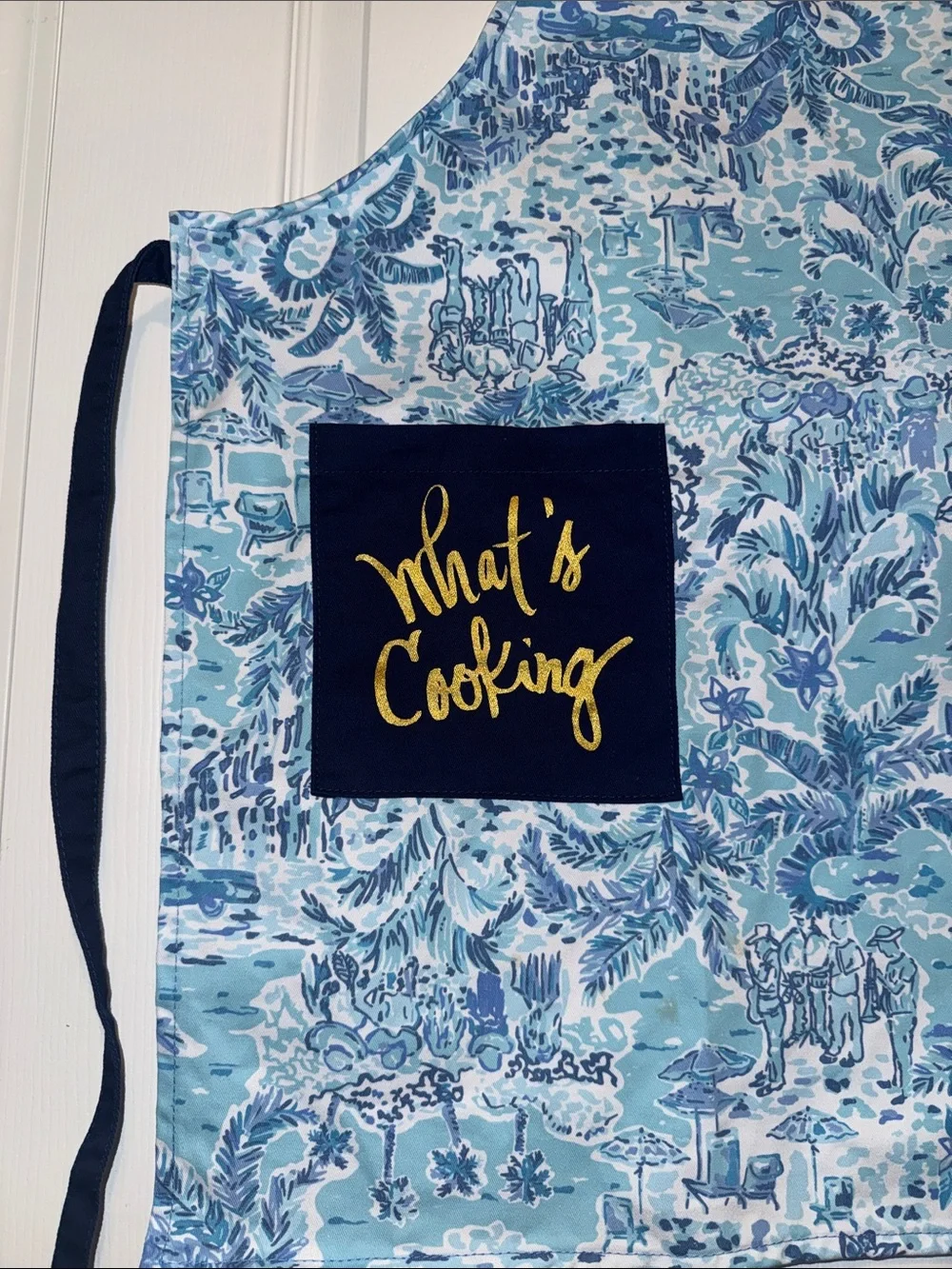 Lilly Pulitzer Light Blue Toile Apron with Navy Pockets and Gold Script